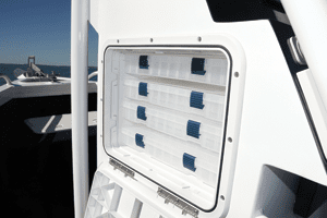 Tackle trays stored in the helm are easily accessible yet out of the way.