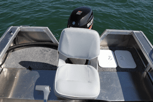 The centre console is fitted with one pedestal seat. Infills also create a small rear casting deck and storage for fuel, a battery and live bait tank.