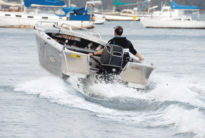 Stern shot without the SLTs fitted – boat leaning to one side.