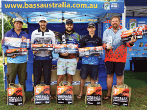 Kayak division place getters from left to right: Luke Atkinson (Big Bass), Mark McKay, Jarryd Aleckson, Stephen Maas and event winner Peter Bostock.