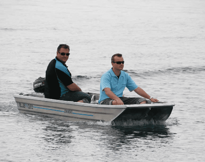 Even with two adults and an outboard the Jon Boat has plenty of free board.