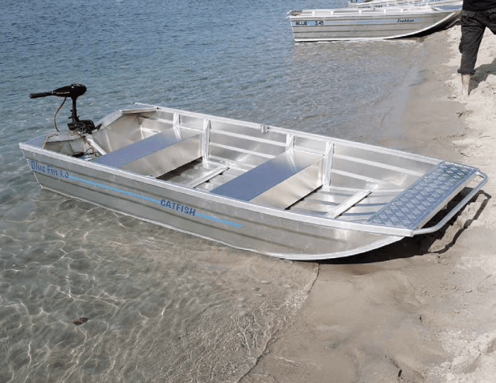 The punt style Catfish is very stable and its efficient hull can be pushed by an taken you could stand up electric motor or outboard.