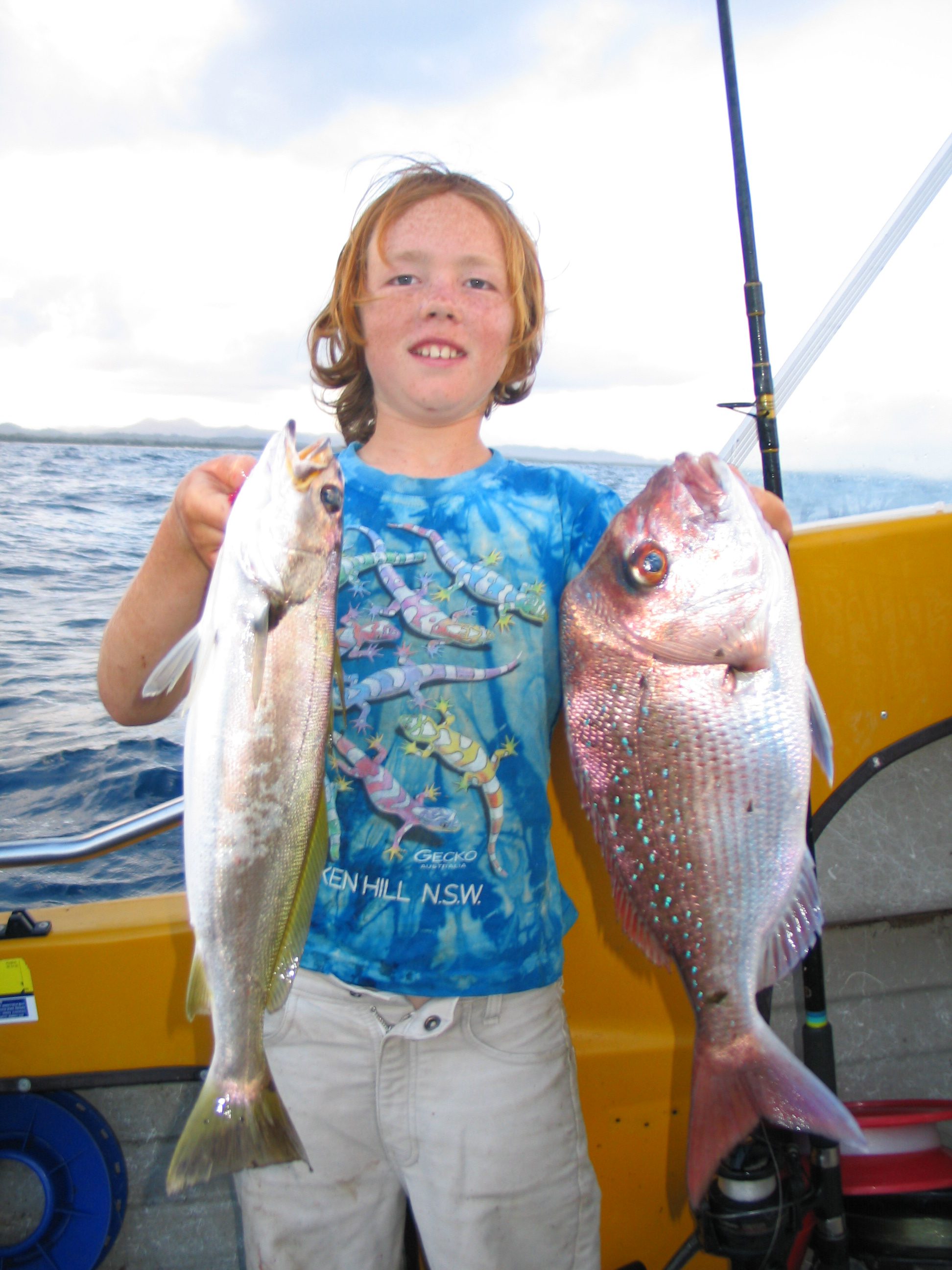 Snapper and trag such as these caught by Lewan many years ago are what can be expected on Windarra Banks this month.