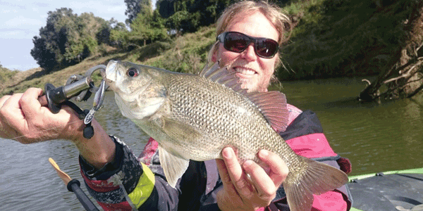 Shaun Pritchard with a wild skinny water Australian bass. 