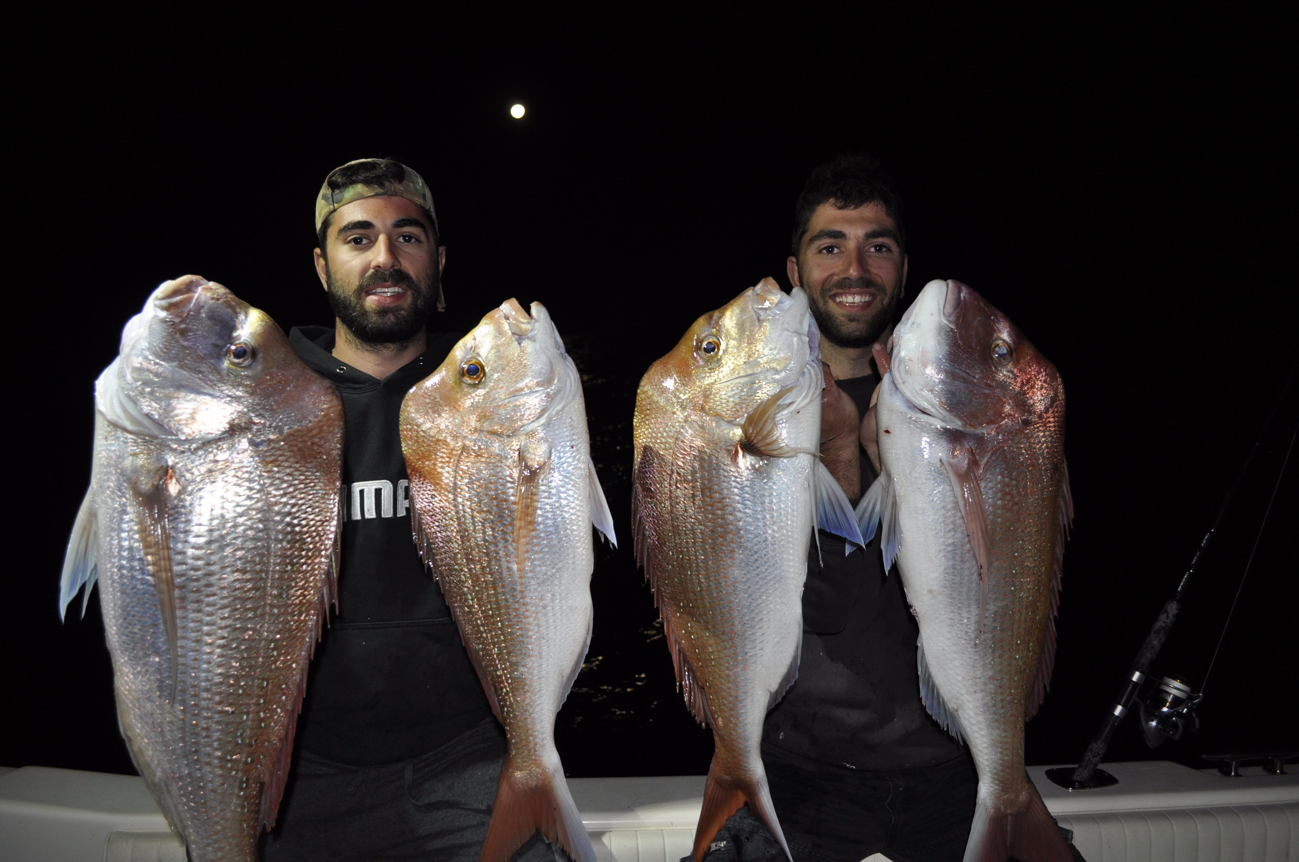 Peter and Angelo showed off some quality snapper hooked on a recent full-moon trip to the Banks.