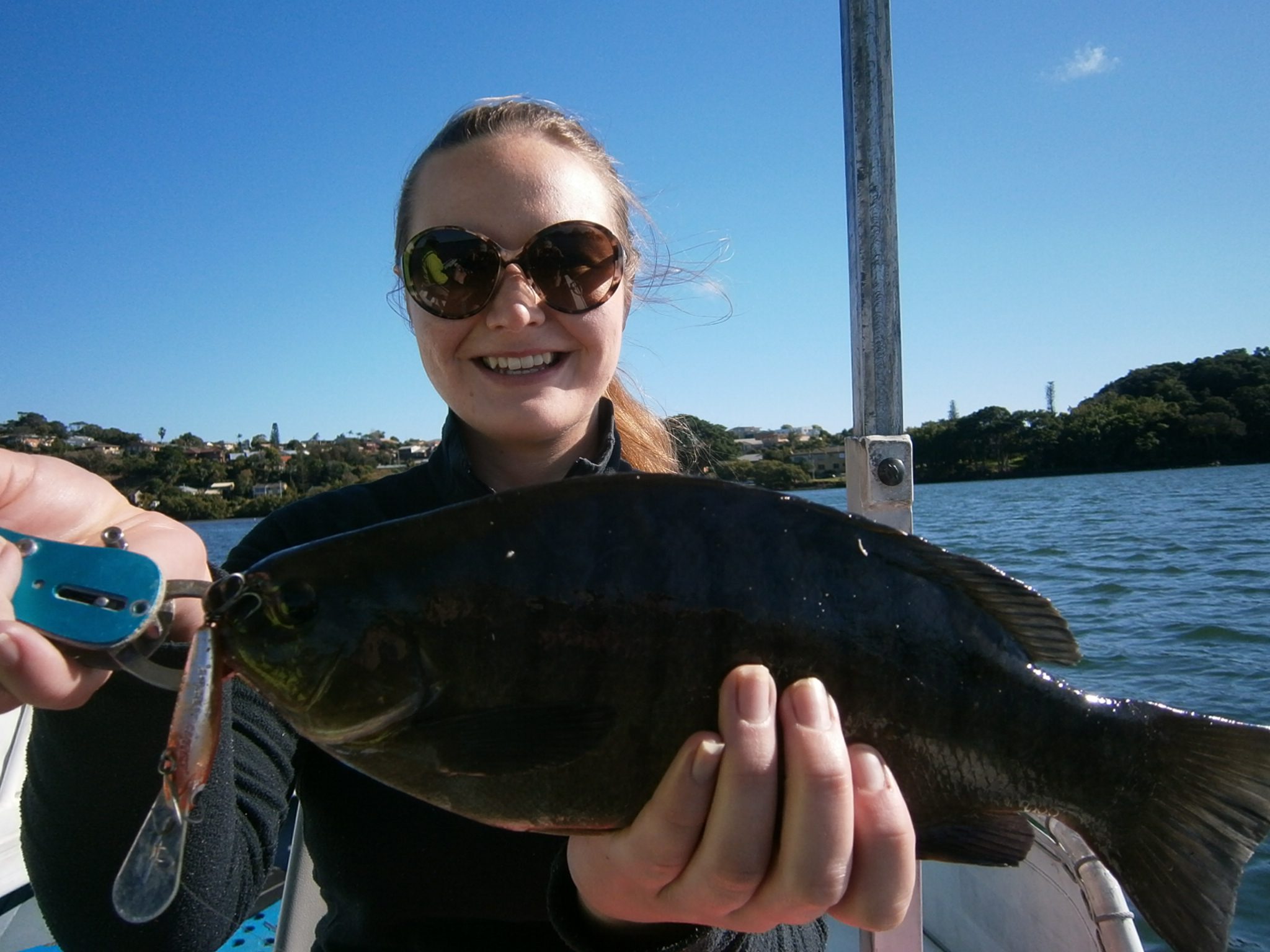 Hayley with a luderick caught while trolling along a rock wall.