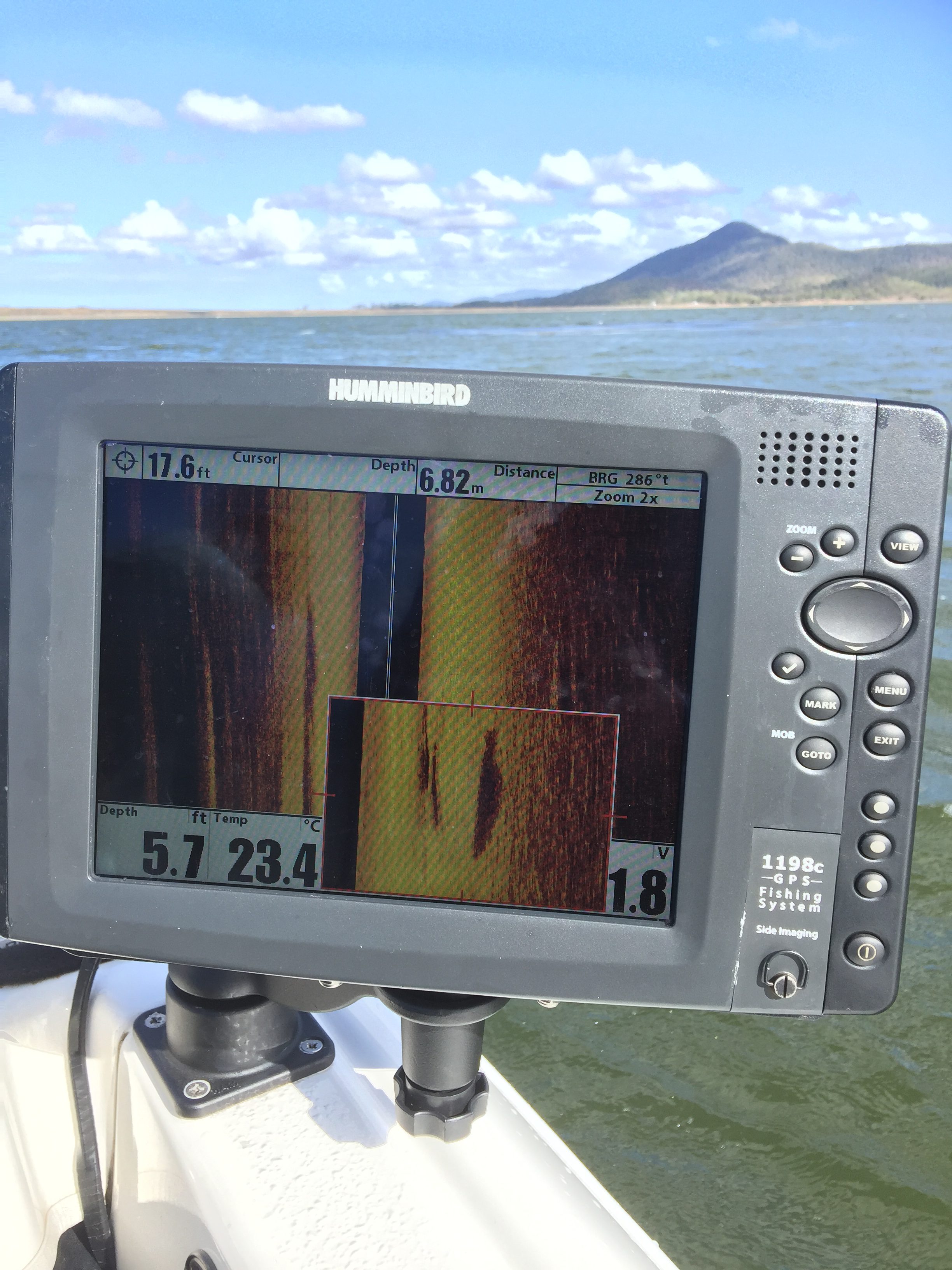 The Humminbird 1198 SI sounder showed barra coming through to the right of the boat.