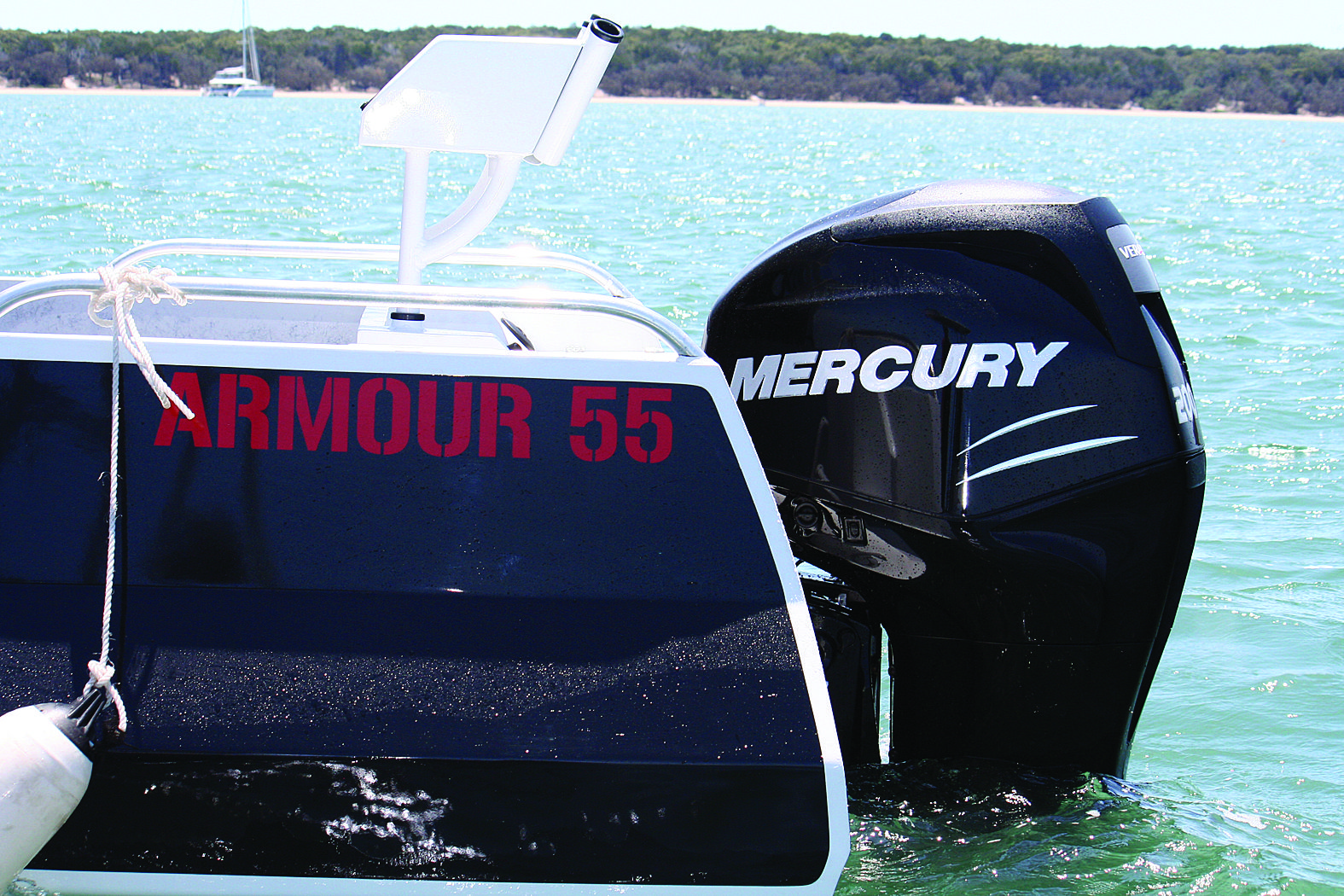 Mercury’s 200hp Verado four-stroke proved a good match for the big plate alloy rig.