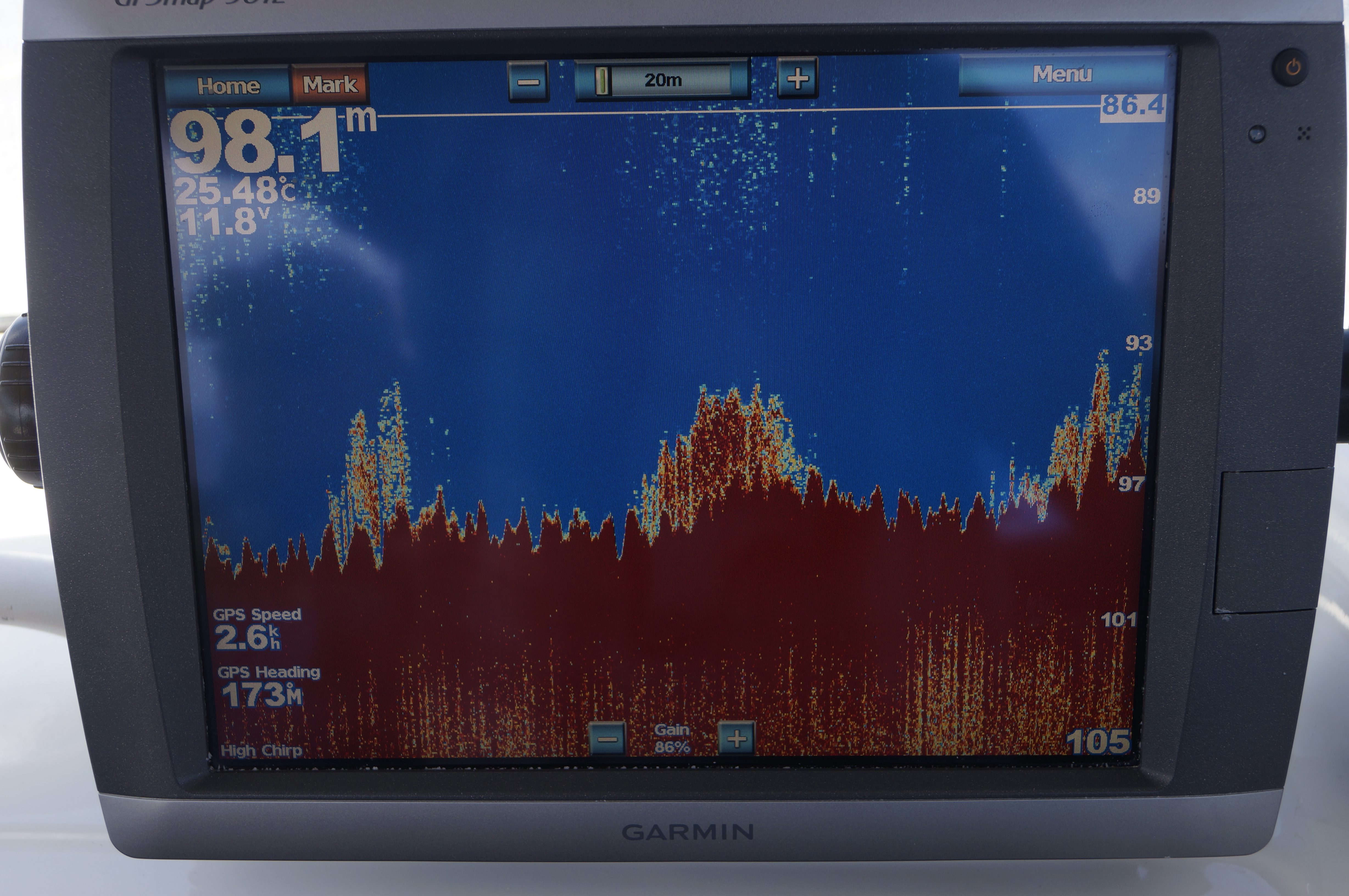 Patches of pearl perch and a bait school found on the Garmin 1kW CHIRP sounder using excess gain for highlighting while drifting the 100m line.