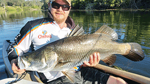 Daniel Molloy captured this 96cm barra while flicking from a kayak at Pikes Crossing.