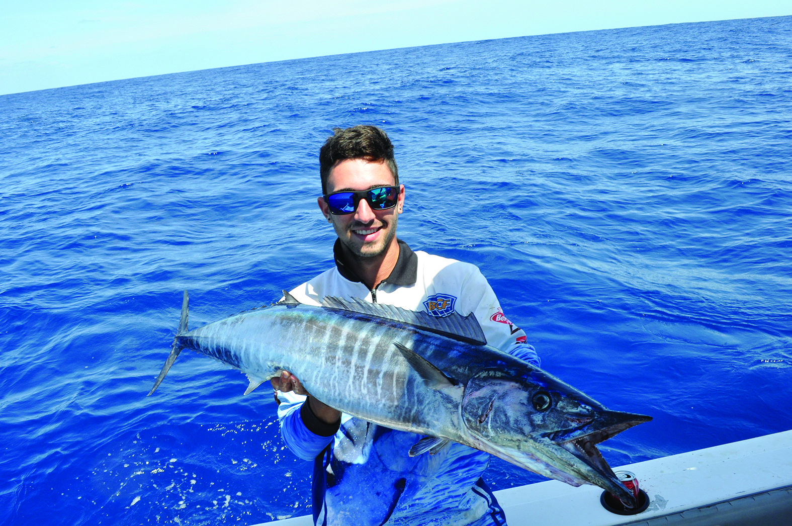 The author shows off a wahoo landed off Stradbroke Island by trolling hex heads at 12 knots.