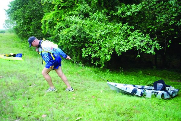 Tie a length of rope to the bow of your yak to make portage easier as Grant did here.