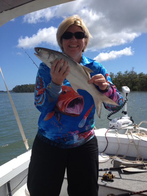 Tackle World Team Member, Sandi Hatcher with a salmon she caught in the Burnett recently.  