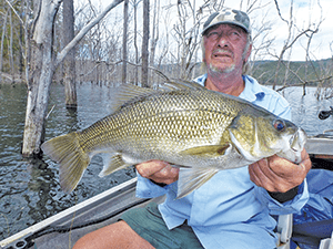 A live shrimp fished in the dead trees at Hinze Dam was the secret to Wayne landing this great bass.