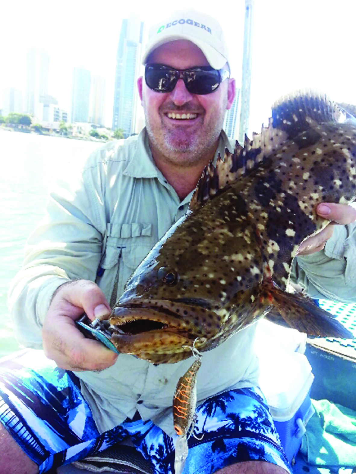 Ian Ellis with a big smile and a pretty solid estuary cod hooked on an Atomic lure while targeting mangrove jack.
