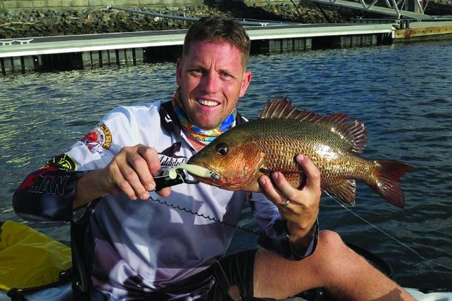 Brad landed a decent red dog from his kayak on the Coomera River. top 10 tips fishing the tweed river