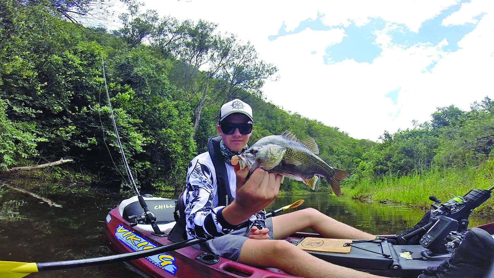 A wild Australian bass caught on a Z-Man 3” MinnowZ in Gold Rush rigged on a TT Lures jig spin fished around natural structure. 