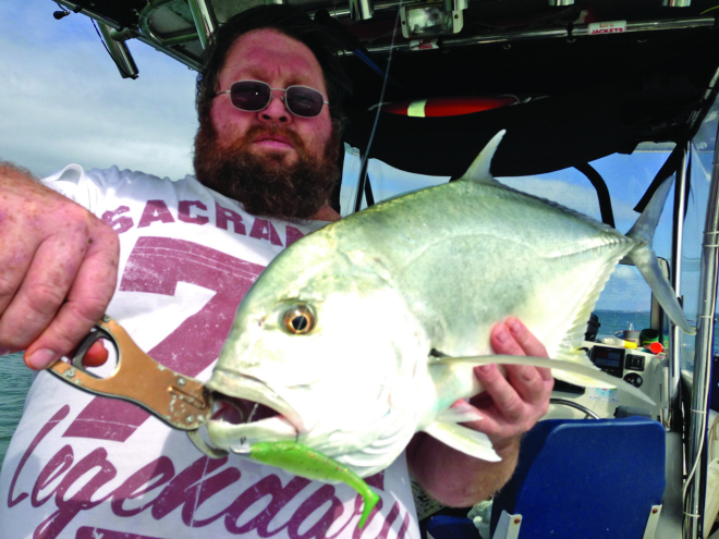 Chris landed this 73cm Moreton Bay GT on a 5-14lb Wilson Magnum rod, 3000 Magnum reel, 10lb braid, 14lb leader and a Gobblers Paddle Tail while drifting over the rubble grounds chasing snapper.