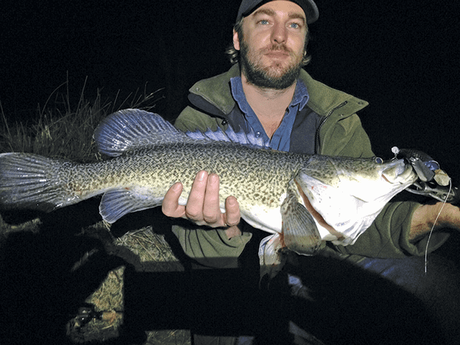 Simon with his first Murray cod off the top on a Jackall Pompadour.