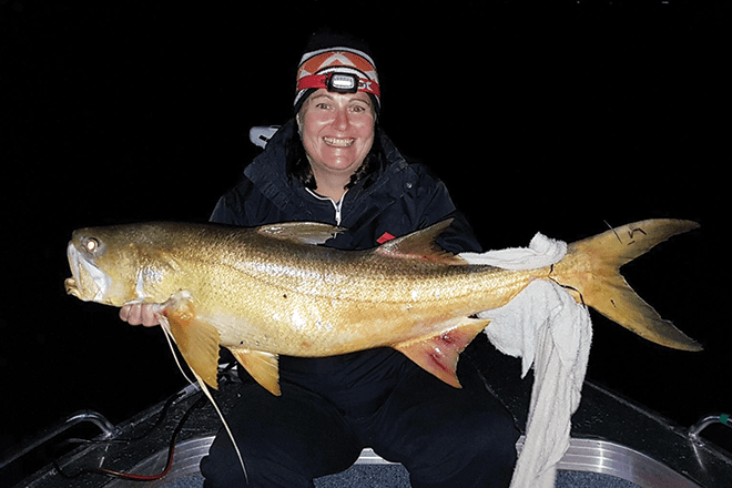 Helaine Wilesmith with her 107cm threadfin salmon.