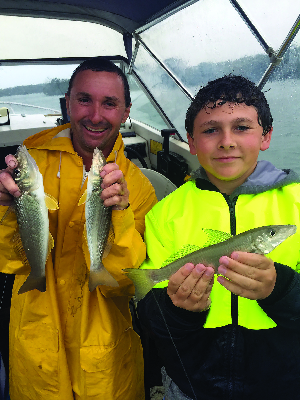 Cade Luckus and the author displayed a couple of whiting caught in atrocious conditions. 