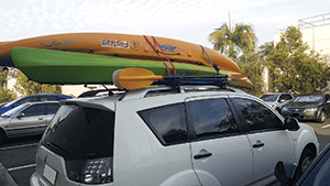 Two larger kayaks weigh in at nearly 60kg and affect the cornering ability of a car when strapped to the roof. 