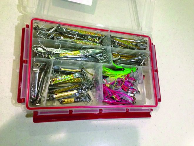 A box of homemade lures ready to hit the salt. If you have the time, making your own lures can save lots of money.