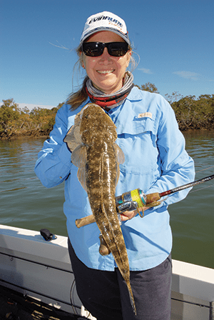 Leeann Payne hooked a pan-sized flathead on the troll in the Jumpinpin area.