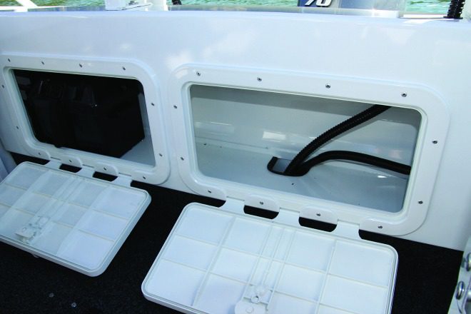 The transom area provides an elevated position in which to store the batteries and gives extra room for more gear.