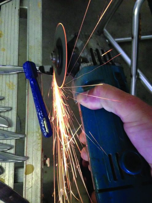 Step 1- To make lures from knives, start by cutting off the blades with an angle grinder, leaving about 2cm. It is much easier getting a split ring through the thinner stainless of the blade.