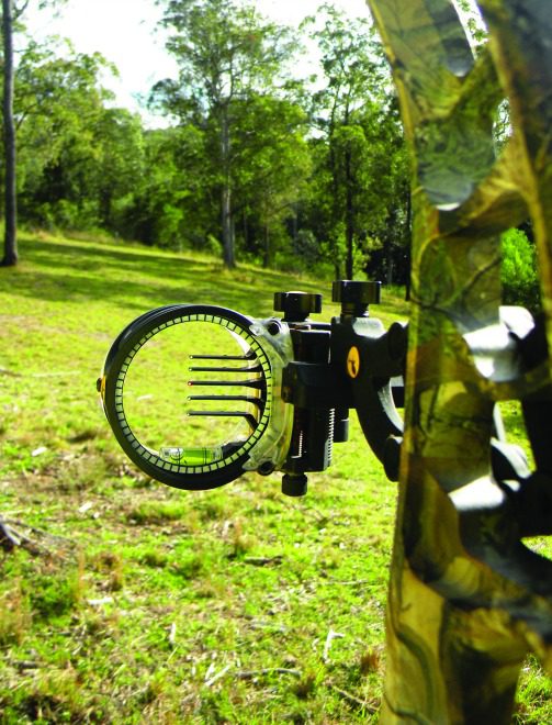 The Trophy Ridge React sight including micro adjustment and tool-less locking devices.