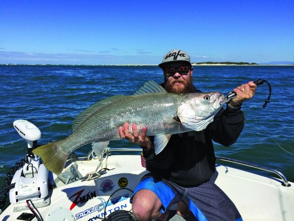 Ben Monro landed this jewie while deep jigging for flathead at Jumpinpin. The fish measured spot on one metre.